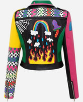 Graffiti Printed Cropped Leather Bikers Jacket